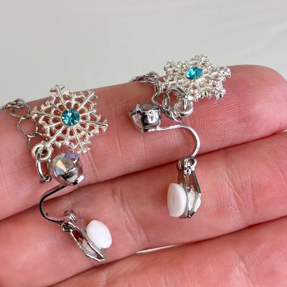 Snowflake Clip On Earrings Kids Blue Bead Dangle Rhinestone Winter Jewelry
